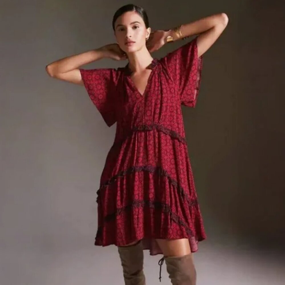 Anthropologie Robin Tiered Flutter Sleeve Flowy Black Red Mini Dress Size XS